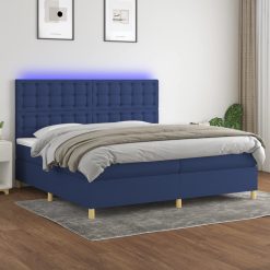 Box spring postelja z vzmetnico LED modra 200x200 cm blago