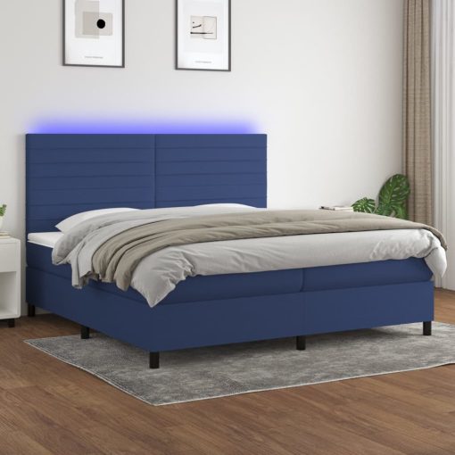 Box spring postelja z vzmetnico LED modra 200x200 cm blago