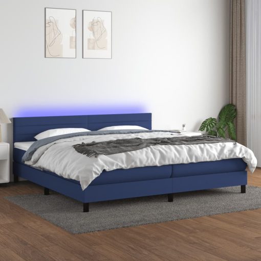 Box spring postelja z vzmetnico LED modra 200x200 cm blago