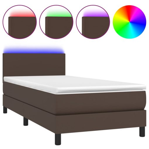 Box spring postelja z vzmetnico LED rjava 100x200 cm um. Usnje - Image 2