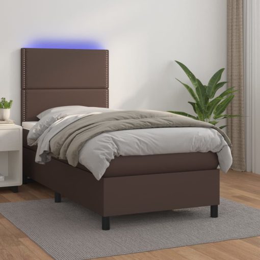 Box spring postelja z vzmetnico LED rjava 100x200 cm um. Usnje