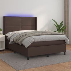Box spring postelja z vzmetnico LED rjava 140x190 cm um. Usnje