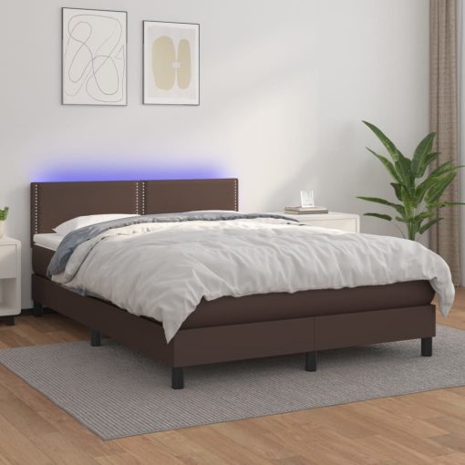 Box spring postelja z vzmetnico LED rjava 140x200 cm um. Usnje