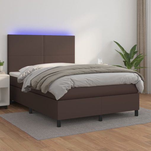 Box spring postelja z vzmetnico LED rjava 140x200cm um. Usnje