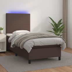 Box spring postelja z vzmetnico LED rjava 90x200 cm um. usnje