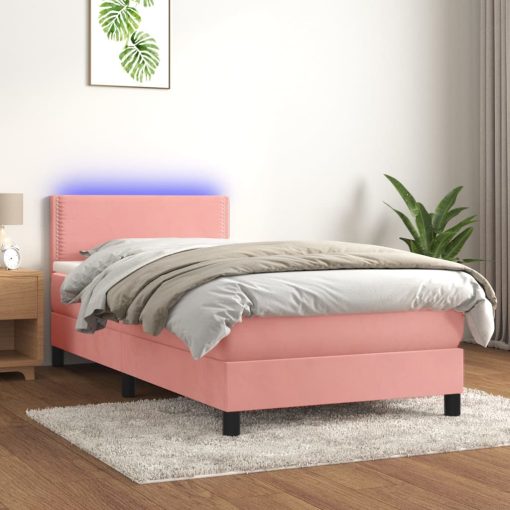 Box spring postelja z vzmetnico LED roza 100x200 cm žamet