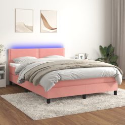 Box spring postelja z vzmetnico LED roza 140x190 cm žamet