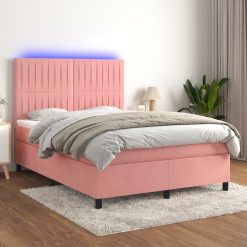 Box spring postelja z vzmetnico LED roza 140x190 cm žamet