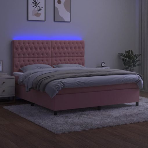 Box spring postelja z vzmetnico LED roza 160x200 cm žamet - Image 4