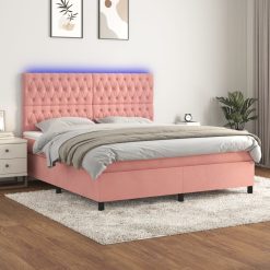 Box spring postelja z vzmetnico LED roza 160x200 cm žamet