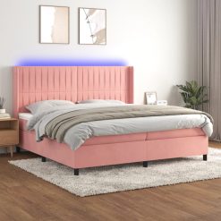 Box spring postelja z vzmetnico LED roza 200x200 cm žamet