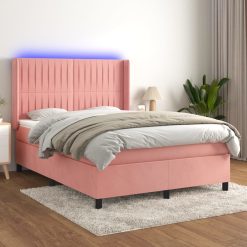 Box spring postelja z vzmetnico LED roza 80x200 cm žamet