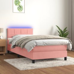 Box spring postelja z vzmetnico LED roza 90x200 cm žamet