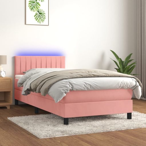 Box spring postelja z vzmetnico LED roza 90x200 cm žamet