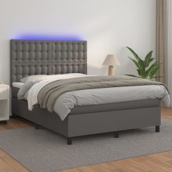 Box spring postelja z vzmetnico LED siva 140x200cm umetno usnje