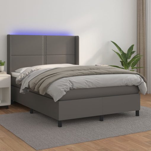 Box spring postelja z vzmetnico LED siva 140x200cm umetno usnje