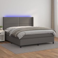 Box spring postelja z vzmetnico LED siva 160x200cm umetno usnje