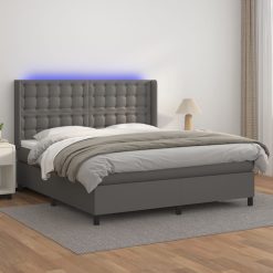 Box spring postelja z vzmetnico LED siva 160x200cm umetno usnje