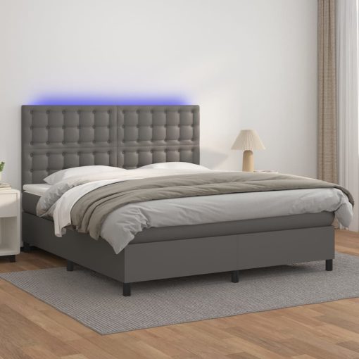 Box spring postelja z vzmetnico LED siva 160x200cm umetno usnje