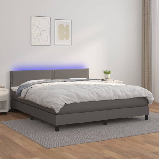 Box spring postelja z vzmetnico LED siva 160x200cm umetno usnje
