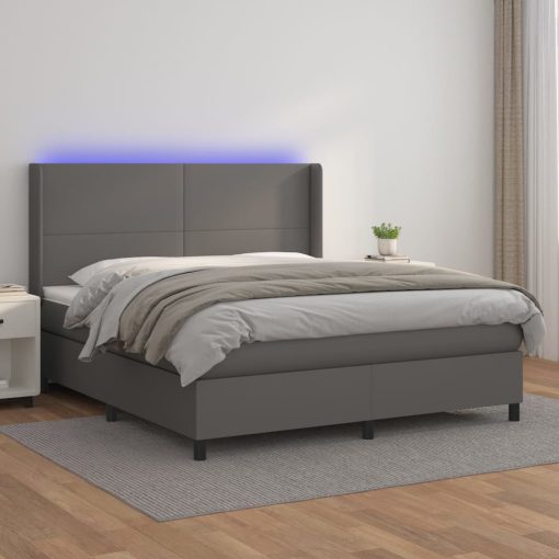 Box spring postelja z vzmetnico LED siva 180x200cm umetno usnje