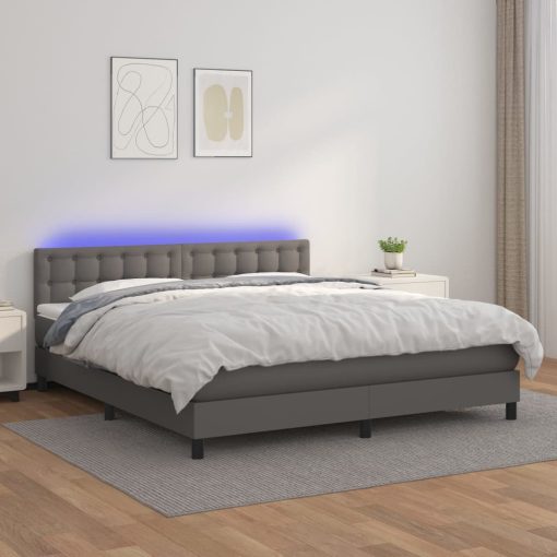 Box spring postelja z vzmetnico LED siva 180x200cm umetno usnje