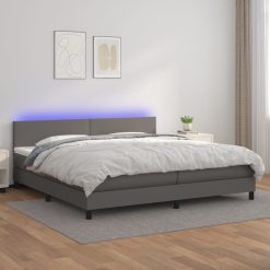 Box spring postelja z vzmetnico LED siva 200x200cm umetno usnje