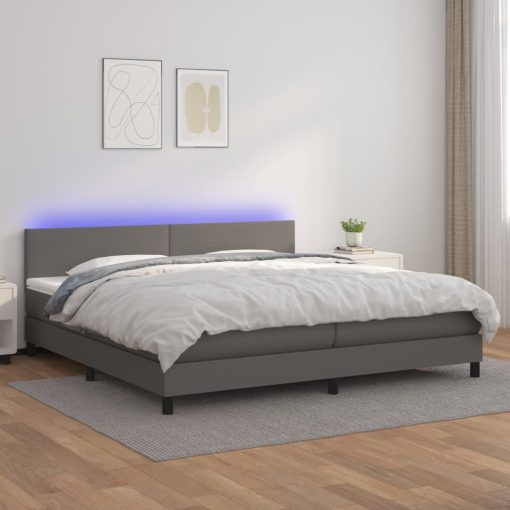 Box spring postelja z vzmetnico LED siva 200x200cm umetno usnje