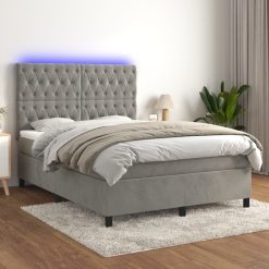 Box spring postelja z vzmetnico LED sv. siva 140x190 cm žamet