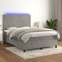 Box spring postelja z vzmetnico LED sv. siva 140x190 cm žamet