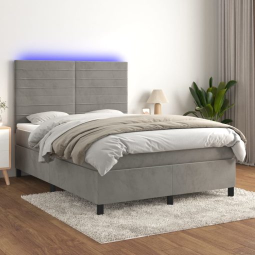 Box spring postelja z vzmetnico LED sv. siva 140x190 cm žamet