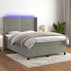 Box spring postelja z vzmetnico LED sv. siva 140x190 cm žamet
