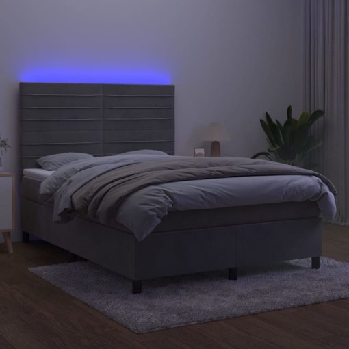 Box spring postelja z vzmetnico LED sv. siva 140x190 cm žamet - Image 4