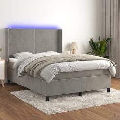 Box spring postelja z vzmetnico LED sv. siva 140x190 cm žamet