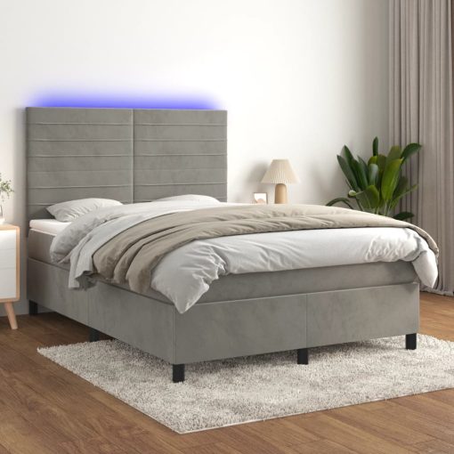 Box spring postelja z vzmetnico LED svetlo siva 140x200cm žamet