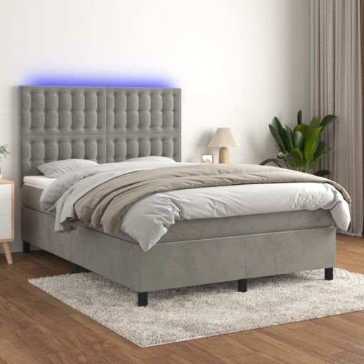 Box spring postelja z vzmetnico LED svetlo siva 140x200cm žamet