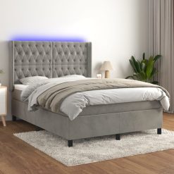 Box spring postelja z vzmetnico LED svetlo siva 140x200cm žamet