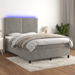 Box spring postelja z vzmetnico LED svetlo siva 140x200cm žamet