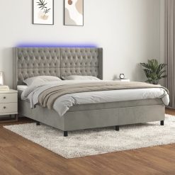 Box spring postelja z vzmetnico LED svetlo siva 160x200cm žamet