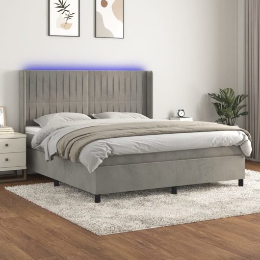 Box spring postelja z vzmetnico LED svetlo siva 160x200cm žamet