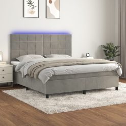 Box spring postelja z vzmetnico LED svetlo siva 180x200cm žamet