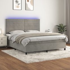 Box spring postelja z vzmetnico LED svetlo siva 180x200cm žamet