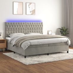 Box spring postelja z vzmetnico LED svetlo siva 200x200cm žamet