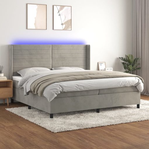 Box spring postelja z vzmetnico LED svetlo siva 200x200cm žamet