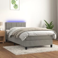 Box spring postelja z vzmetnico LED svetlo siva 90x190cm žamet