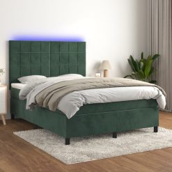 Box spring postelja z vzmetnico LED tem. zelena 140x190cm žamet