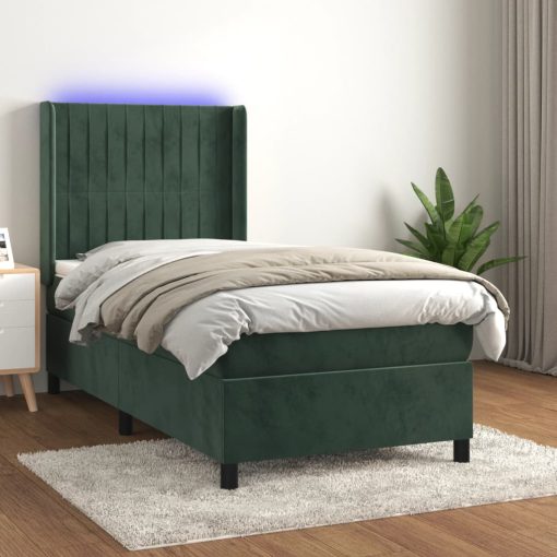 Box spring postelja z vzmetnico LED tem. zelena 90x200 cm žamet