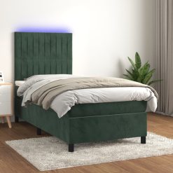 Box spring postelja z vzmetnico LED tem. zelena 90x200 cm žamet