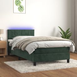 Box spring postelja z vzmetnico LED tem. zelena 90x200 cm žamet