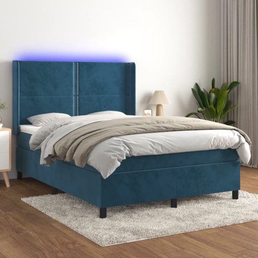 Box spring postelja z vzmetnico LED temno modra 140x190cm žamet